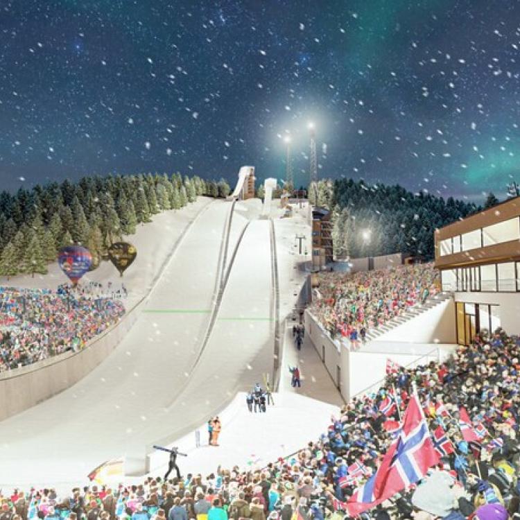 Illustrasjon av VM-arenaen i Granåsen. Trondheim2025.noAsplan Viak